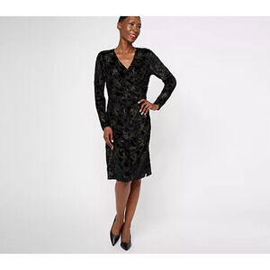 Isaac Mizrahi Live Dress Womens M Black Regular Burnout Velvet‎ Long Sleeve Wrap